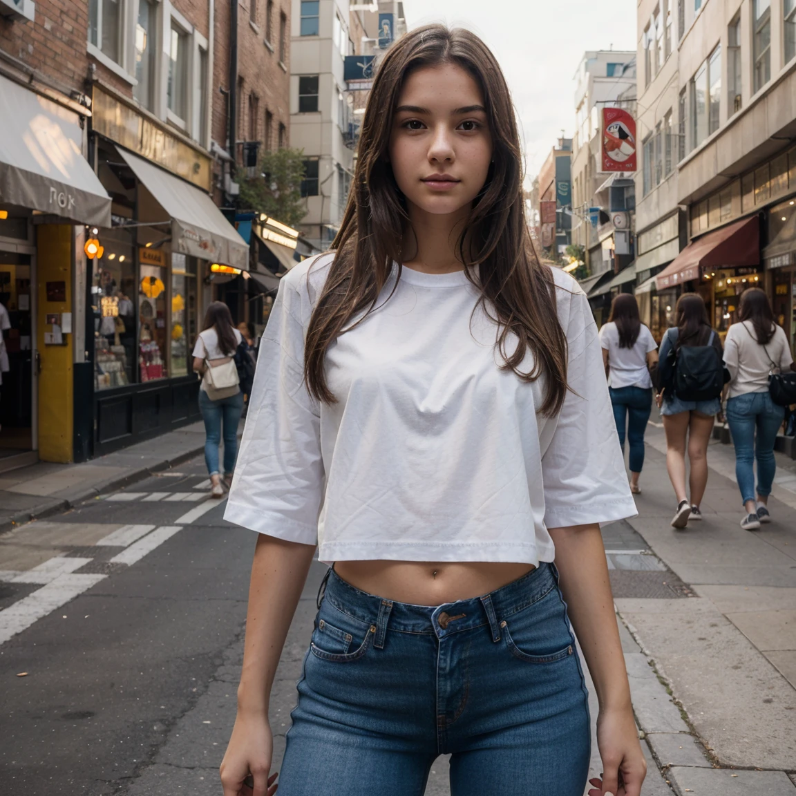 fille brune, russe, yeux bleu,marchant dans les rues de paris, eclairée avec une lumiere intense diffuse. elle est habillé avec un pantalon jean, des bottes et chemise blanche. elle doit etre joyeuse, et les photos doivent etre un plan large, corps entier