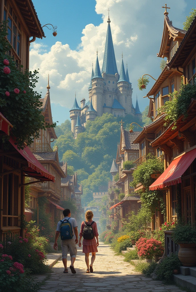 Two people，a young man and a woman，8K，Boy with black hair，Girl with blue hair，Ten years old，Faraway view，medieval times，Run forward，take hand，City background，Skysky，green meadows，adolable，llight rays，full bodyesbian，in a panoramic view，asymmetrical，Preppy style，in the early morning