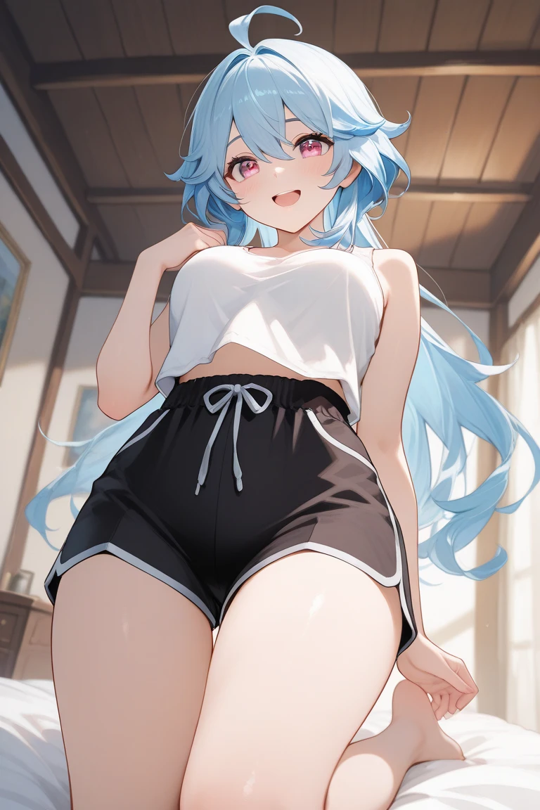 1 girl, best quality, ultra high res, long hair, blue hair, blue eyes, shigure kira, looking at viewers, small breast, standing, pov, slim body, body, small body, short body, smile, open mouth, white bra, black bike shorts, bedroom, white bed sheets,