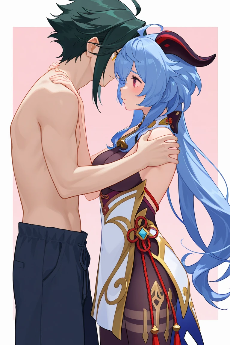 Aunt Shenhe casual clothes kneeling and kiss her nephew mika, genshin impact, age different, height different, couple with age and height differebt