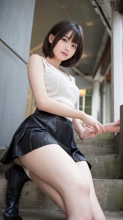 (highest quality:1.5)、(Real:1.5)、(1 person:1.5)、Buckshot、Medium Shot、Looking back pose、(Very detailed)、(High resolution)、8k、Small breasts、Natural color lip、Cute smile、Japanese women、20 year old girl、Thin eyebrows、Beautiful and elegant face、Cute face、Cute eyes、Large, balanced eyes、Big Eyes、Fair skin、Beautiful and elegant face、Natural Bangs、Beautiful and thin nose、 Beautiful Skin、Medium Bob Hair、Natural Bangs、Perfect and beautiful facial features、Slim face and figure、（With a cute expression）、（Bright lighting）、Professional Lighting、（Lighting from the front）、Adorable smile、cute、Beautiful shoulders、Simple Background、Outdoor、Poses that show off your beautiful back、Red dress、(Wear a micro mini skirt dress with a super short skirt length)、Beautiful shoulders oracle、Upper Body、Open your back、Show your back、dress、(Wearing garter belts and knee-high lace stockings)、Beautiful thighs、