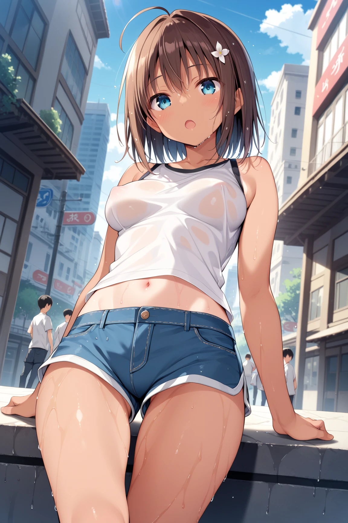 ((NSFW,of the highest quality,Shinkai Makoto style, Ultra-detailed,High resolution,Best Anime 8K Konachan Wallpapers,Pixiv Contest Winner,Perfect Anatomy,super detailed skin,Cinematic lighting)),BREAK,1girl is a cute tomboy,((Loli face,11 years old:1.5)),a junior high school student, Ponytail,Full limbs,complete fingers,flat chest, Small butt,Androgynous attraction, Small eyes,Beautiful detailed black eyes,groin,Clothes wet in the rain,((Tank top,Shorts:1.2),Wet,((Nipples are visible))),rainy, At a rural bus stop at night with no one around,BREAK,((High resolution,super detailed skin, Best lighting by professional AI, 8K Illustration)),