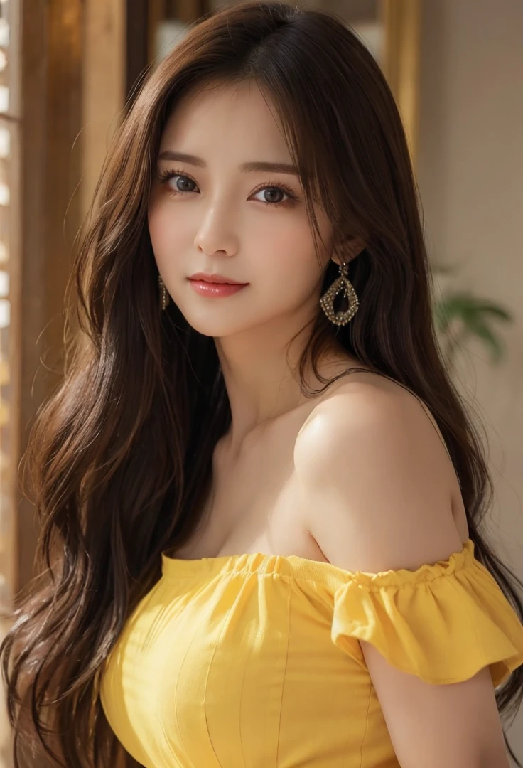 Korean Girls, 18-year-old, A stunning face, Wearing a bright yellow gown, Elegant half-body shot, Taken with high resolution photos. Gray blurry background, Improve image resolution and detail. The girl smiles gently, Her eyes shine like stardust, Adding glamour to ultra-realistic captures. bust, What'Hiding under a black dress?, Show off your perfect anatomy. The soft light of nature envelops the scenery., Create a white aura around the girl