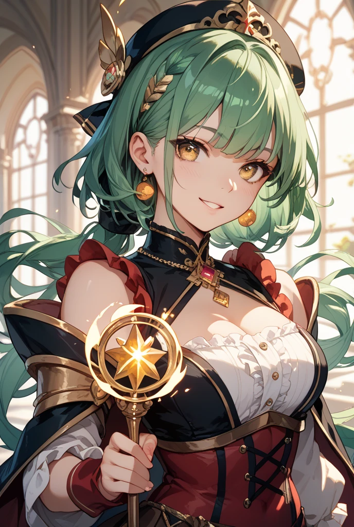 (masterpiece), best quality, expressive eyes, perfect face,sucrose,genshin impact,glasses,semi-rimmed,big breasts,(emerald magical girl costume:1.3),(wing hair ornament:1.2),[[cleavage]],(fluffy ruffled skirt:1.2),thighhigh boots,[[winged magic wand]],blush,fantasy library,bookshelfs background,fantasy lighting,sexy pose,action pose,full body shot,dynamic angle,(sparkle:0.9).(glitter:0.9)