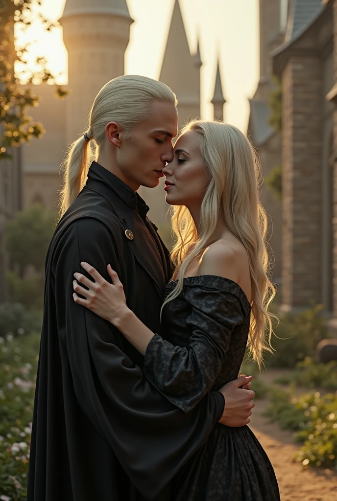 An anime picture of Lucius Malfoy kissing a dark haired girl in the rain