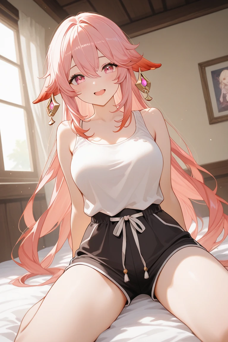 ((masterpiece, best quality)),8k,indoor ,1yae miko,mouth_hold,(white shirt:1.2) ,looking at viewer,slim waist,black bra, use pantyhose, pink hair, open mouth
