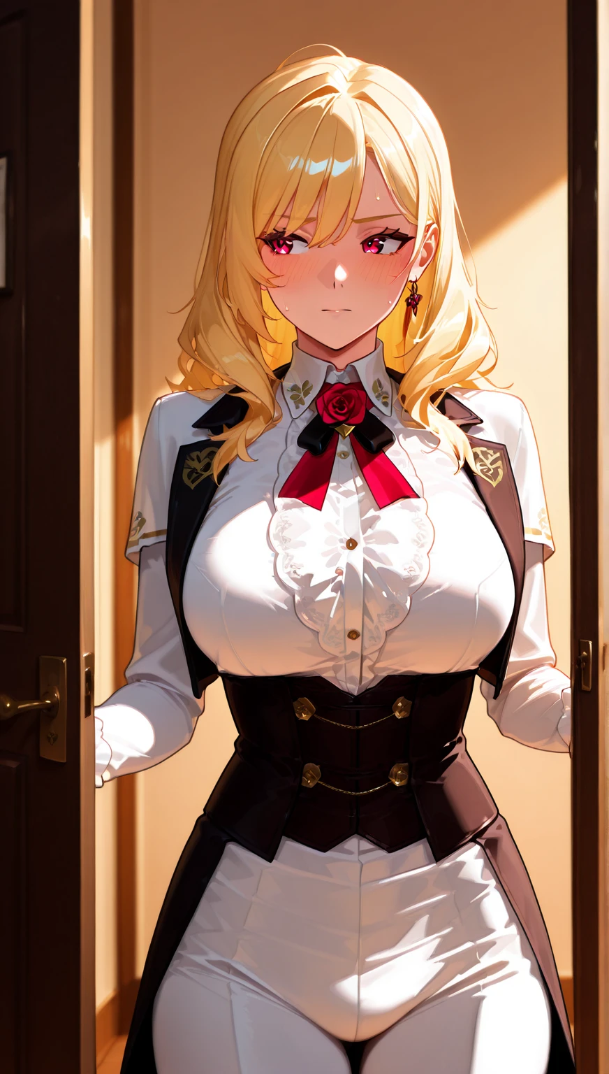 absurd, 8K, high resolution, Ultra-detailliert, beautiful, Meisterwerk, best quality, very pretty woman, Jung, blondes Haar, (Bluse:1.5), roter BH, Netzstrumpfhosen, sexy, enger Rock, (very huge breasts:1.4), (Langer Pferdeschwanz:1.6) detailliertes Frauengesicht, Sehr attraktiv,