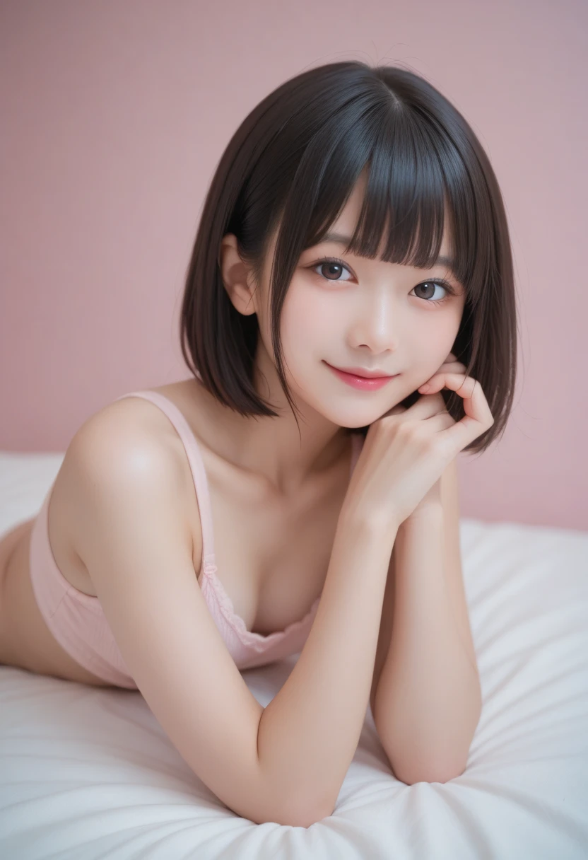 (great masterpiece、top-quality、high-level image quality)、(japanes、Idol actress、Good looking atmosphere)、(((japanes、Neat and clean 15 years old)))、(((perfect anatomia、plump and beautiful limbs、Perfect physiology)))、((Healthy body、short cut hair、A dark-haired、bangss、Clear black iodel grade body))，tiny chest，small ass，((Underwear、Stylish and beautiful、Clean and stylish)),school classrooms、Evening glow、Beautiful thighs、Cute figure、professional photograpy、Image Movie、Smile、Angle from below，Panties taken off,lying face down on the bed，Perspective from behind，Turned，The back is visible