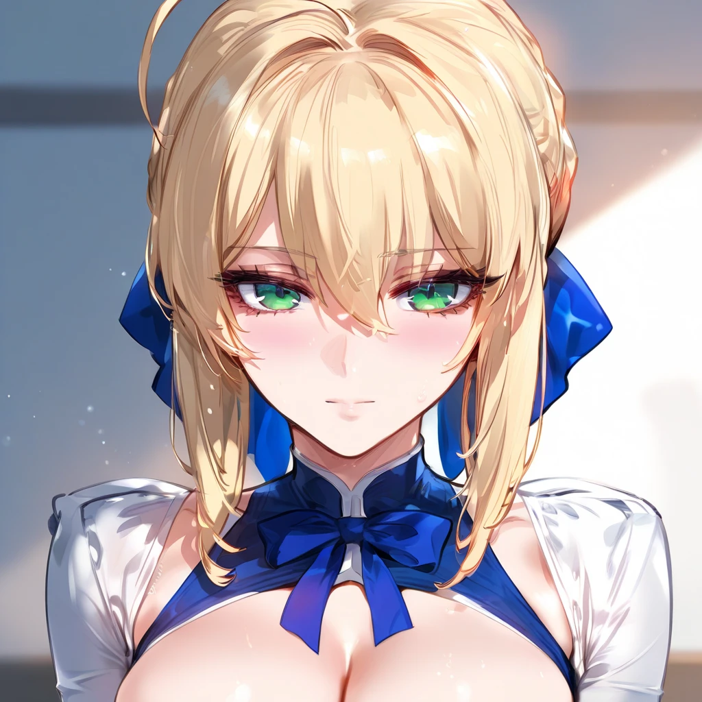 (best quality:1.2), (ultra detailed:1.2),(masterpiece:1.2),(8k:1.2),(Blessed,Captivating body、Ultra detailed hands、Ultra-detailed eyes、Ultra-detailed skin、ultra-detailed face,Detailed Background),One Girl、((white dress shirt, naked shirt,cleavage ,open shirts,large shirts,no panties,bottomless:1.2)),(ecstasy, aroused:1.5), 1girl, kazama iroha, blonde hair, ponytail, Blue eyes, black hairband, hair ornament, leaf hair ornament, covered navel, breasts