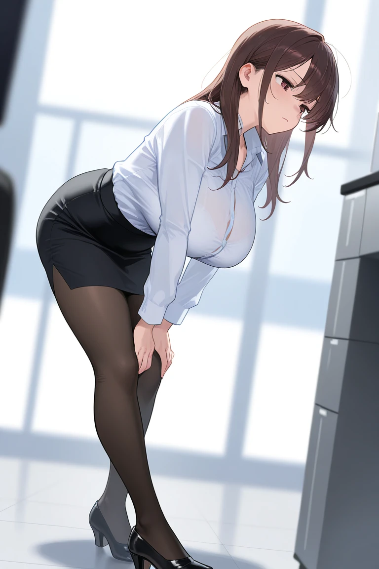 anime, beautiful face, highly detailed face, 2 accurate legs detailed eyes, highly detailed background, perfect lighting, accurate arms, accurate hands, accurate fingers, full body, 1girl, solo, ruby hoshino, oshi no ko, indoors, detailed heels, black detailed thighhighs, indoors, in the office, absurdres, high res, ultrasharp, 8K, masterpiece, looking at viewer, (full body:1.4), smiling with compassion, teasing smile, tight skirt, office uniform, unbuttoned shirt, detailed shirt, cleavage, standing, leaning forwards, bending over towards viewer