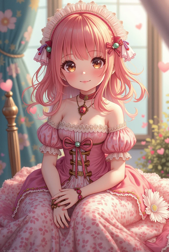 (pastel-red theme:1.2),((Strawberry Gothic Dress with Strawberry pattern:1.4)), (Strawberry ornament:1.3),(Strawberry earrings:1.2),(white Knee High Socks:1.3),(smile:1.2),(Eye size:1.5),(high resolution:1.5),(Vibrant color:1.4),(close up of face:1.25),(ta style:1.35),(whole body:1.5)