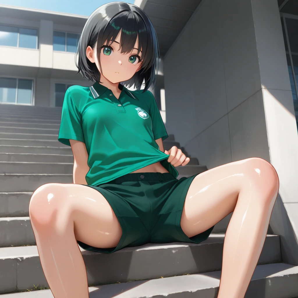 masterpiece, ultra quality, ultra sharp, ultra detailed, 1girl, solo, (((good anatomy))), haduki kurumi, (tattered torn dripping wet white gym shirt), navy gym pants, animal ears, randoseru, name tag, Japanese anime pose, laugh, BurumaShorts, Buruma, Gym Uniform, (((sitting, squatting, spread_legs, legspread, split_legs, spreading legs)), on bed, (randoseru backpack:1.4), (smug smile), buruma, blue buruma, black buruma, (cameltoe), (tattered torn short sleeve white gym uniform with colored hem), (tiny nipples), (white long loose socks), strong lighting, legspread, bukkake, cum on clothes, cum on legs, cum on buruma, cum on bloomers, (spreading pussy by hands)