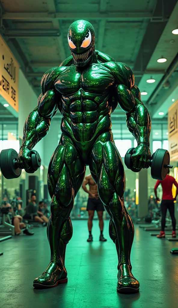full view, full body, one handsome young artificially tanned white bald over-muscular man in neon-green nylon socks, shirtless wearing neon-green lycra leggings and neon-green sheer socks, no shoes, gold chains, bracelets, rings, pirced nipples with golden rings and chains, bulge horny, arrogantly sitting on bench in his neon-green sheer socks next treadmill in gym, next other one very young and slim bodybuilder 14 yo kid admiring him. his neon-green sheer socks look silky and are visible on the foreground