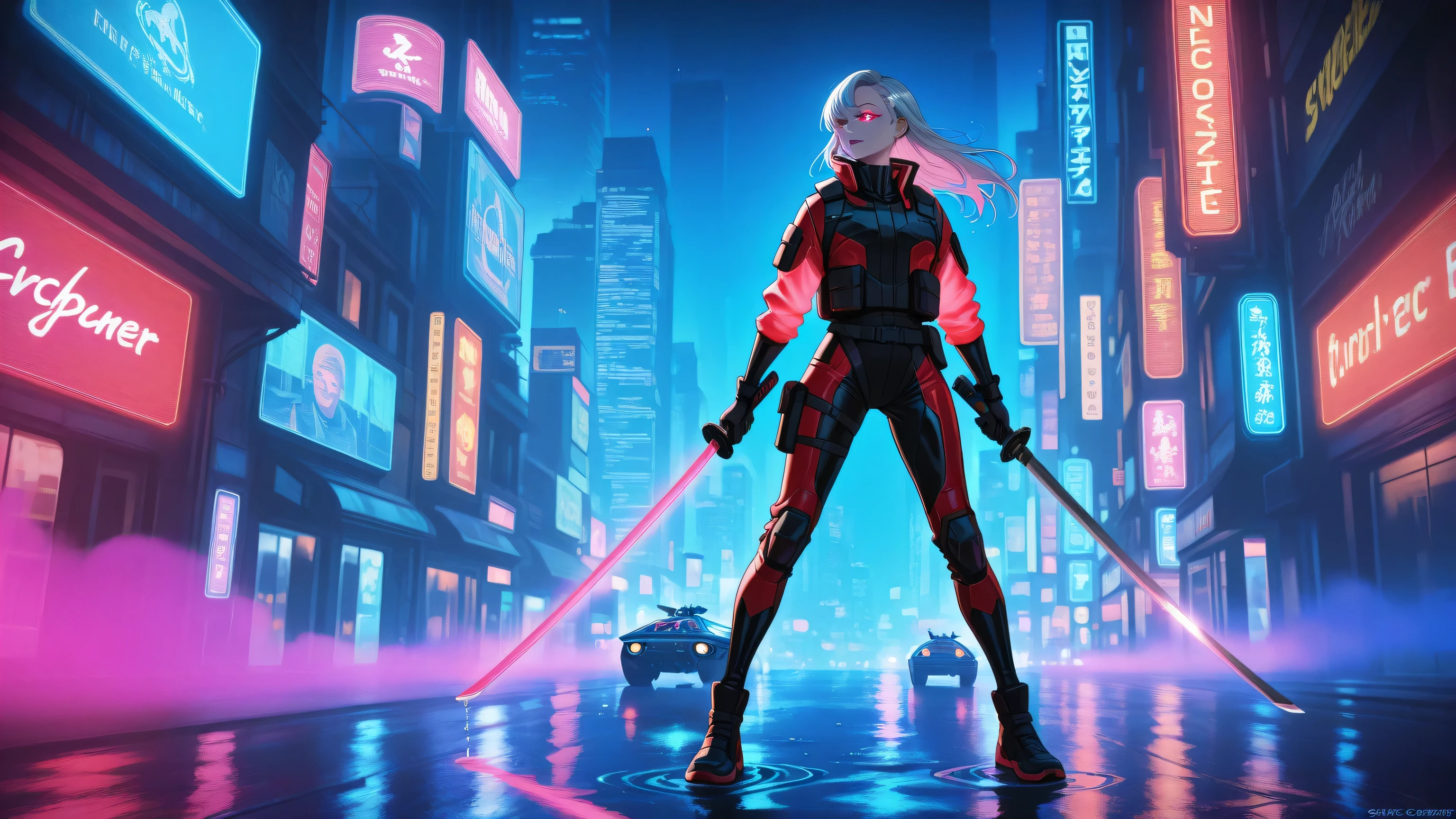 Anime-style cyberpunk city at night, neon-lit skyscrapers, wet streets reflecting vibrant lights, holographic billboards and futuristic flying vehicles, glowing fog in pink and blue hues. In the center stands a cybernetic woman with silver hair, one cybernetic eye, wielding a sleek katana, wearing a black and red combat suit. She looks powerful and cool, blending into the Blade Runner-inspired cityscape. Stylish and atmospheric