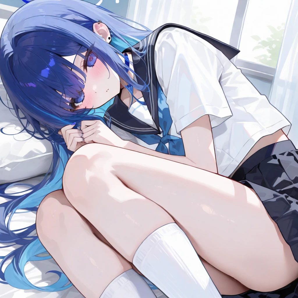 (highest quality()),1 16-year-old woman,female student uniform,short skirt,whole body,nsfw,lie down,tears,cry,Show your pants,light blue hair, face,one eye closed,a painful face,twin tails,White Niso,blush,Pink high heels,off shoulder,spread legs,princess