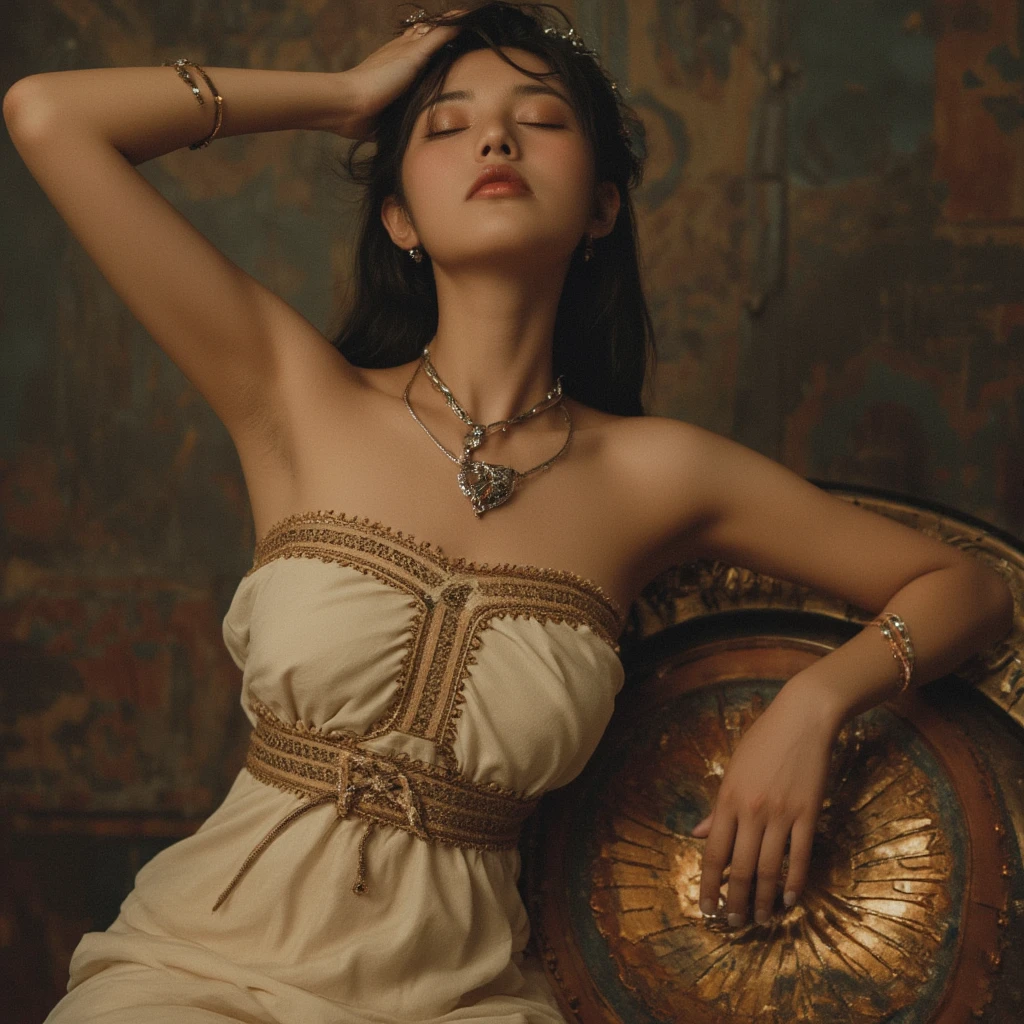 Artemis, the Greek goddess standing amidst ancient ruins, is realistically rendered down to the smallest detail. Close-up of her face, with bear