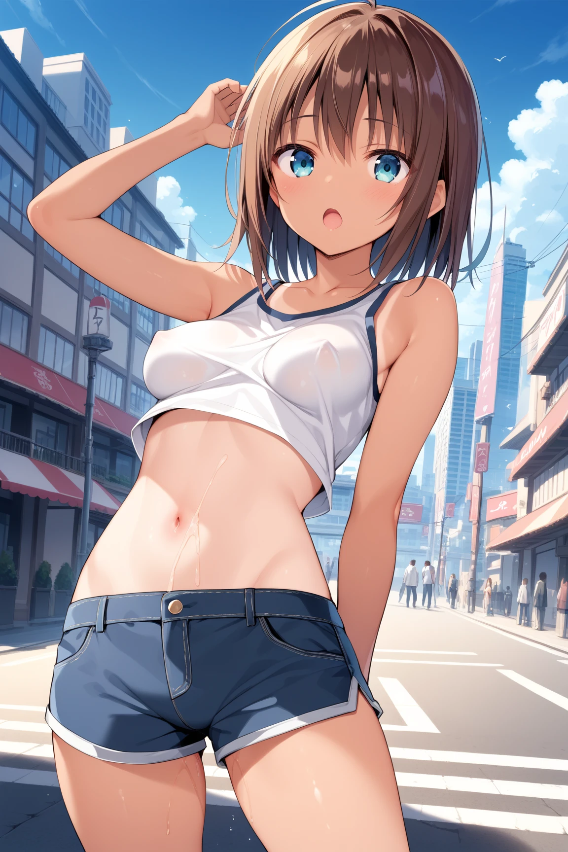 takeda hiromitsu style,(((masterpiece, highest quality:1.5,absurdres))),20 year old beauty,solo,((very small head)),short bob hair,bangs,dark brown hair,brown eyes,smile,medium breasts,((very long body)),((toned body,slender body)),skinny,gleaming skin,shiny skin,White T-shirt and blue denim jacket、Denim Microshorts、on street,Tokyo、