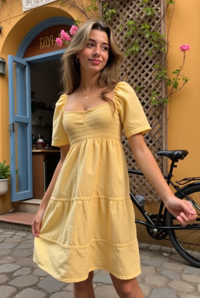 35 year old woman, (long hair in ponytail), (yellow linen dress), thin, slim, skinny, standing outdoors, long legs, ((pale skin)), lipstick, slender body, ((narrow hips)), ((skinny)), flat chest, pale white skin, freckles, goosebumps,