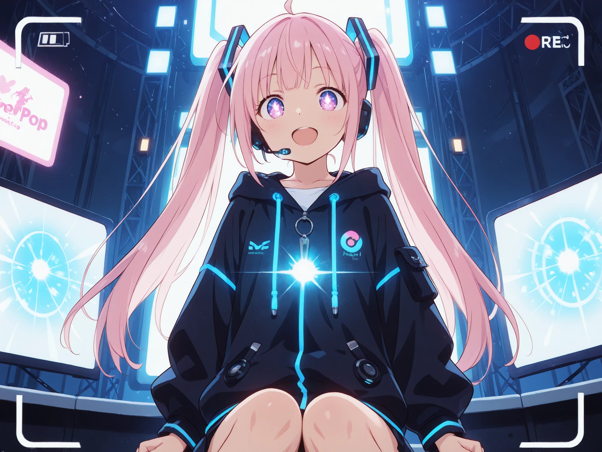 masterpiece, best quality, futuristic pop singer girl in twin-tails and headset, wearing a cosplay-inspired outfit, performing in front of a glowing mic, surrounded by floating sound waves and digital screens; in another layer, a smartphone held by a hand shows the girl singing on screen, with podcast UI elements like title, waveform, and playback bar; dreamy lighting, split perspective, cyberpop atmosphere, anime style
