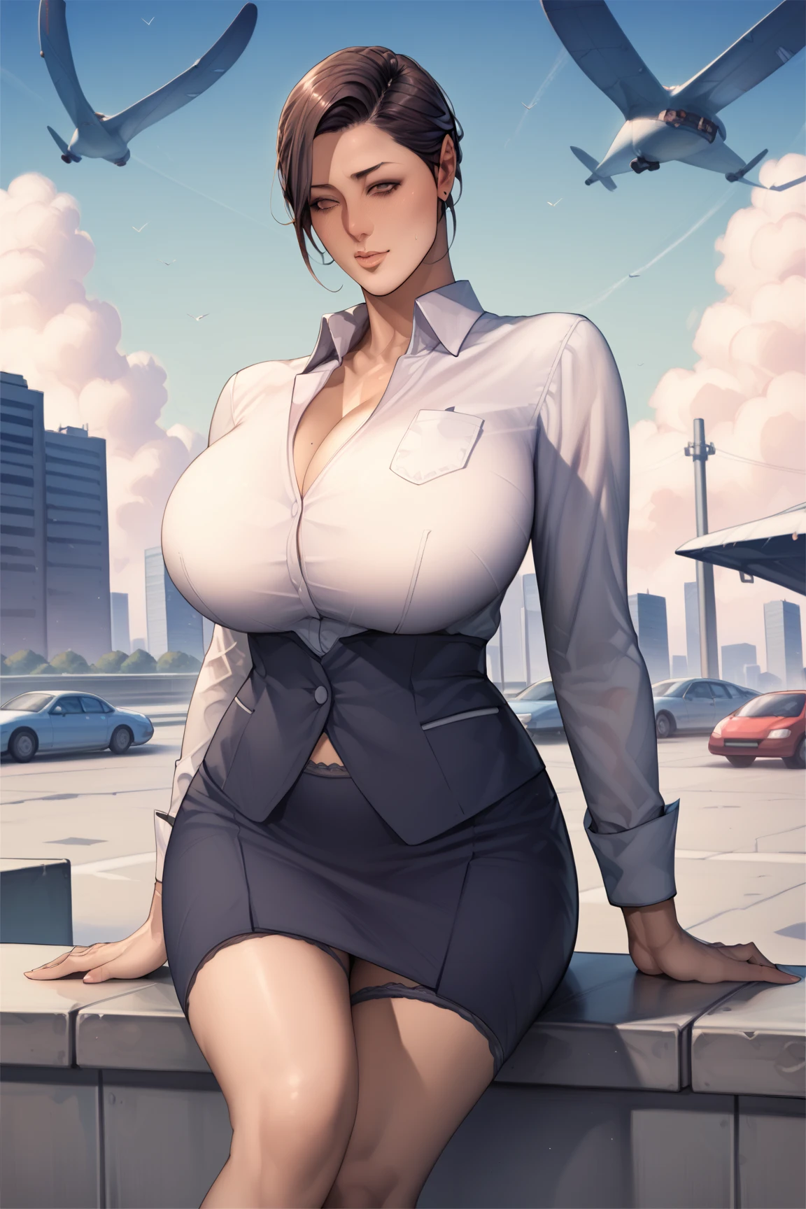 purple short hair　Glasses　white blouse　black tight skirt　stockings　(lanyard id card)　55 years old　red rouge plump lips　round face　Plump　Eyes meet　Office on the top floor of a skyscraper　secretary