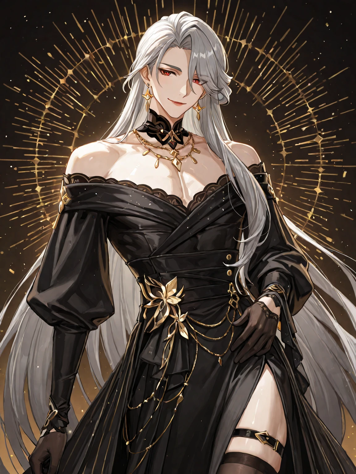Black off-shoulder evening dress with black shawl,Woman 1,Long white hair that reaches the back,best pictures,Yellow gold jewelry,Beautiful figure,Bright white skin,In the golden yellow eyes,An indifferent face