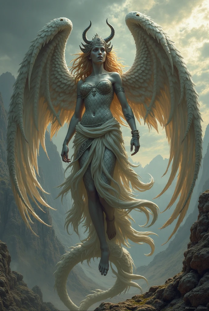 Deity with a mermaid body in an apocalyptic environment