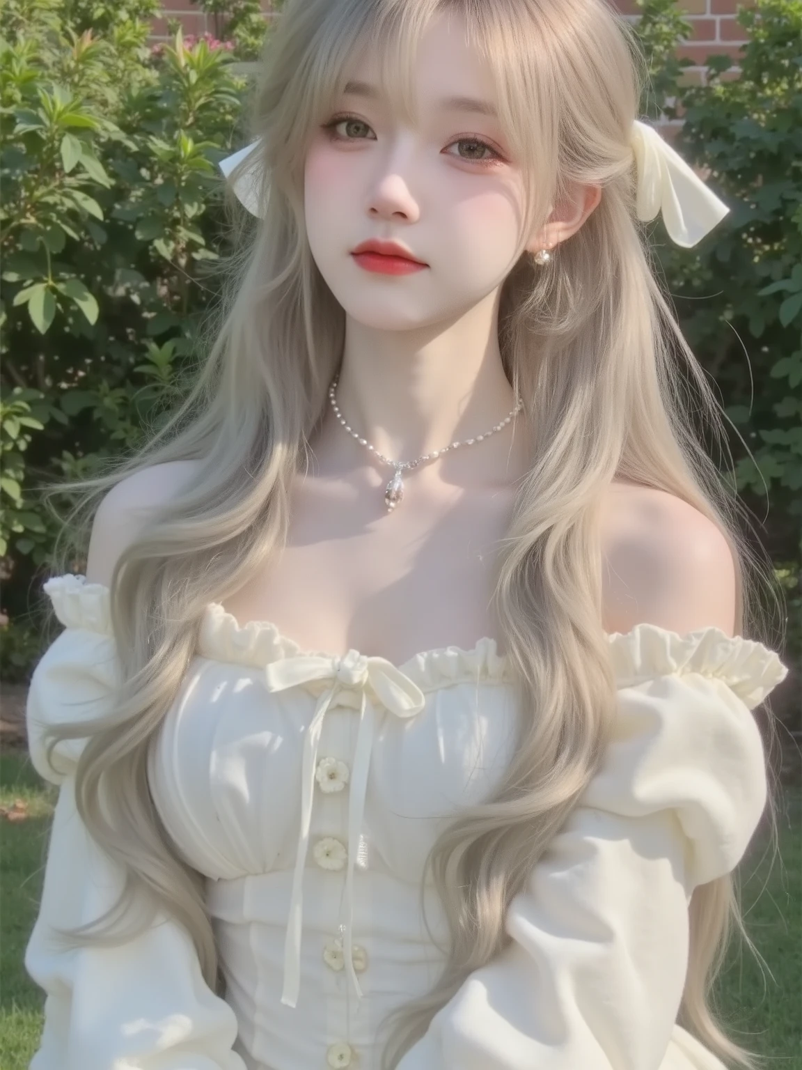 1 Girl, Beautiful, Baby Face, 20 Years Old, milky White Skin, Huge Chests, Colossal gigantic Breasts, chubby girl, Pose, Cleavage, Perfect ta Dress, White Eye, Muscles:1.3, Outdoor, Bokeh:1.1, Drill Hair, Tied Hair, ((White Gradient Blonde Hair))