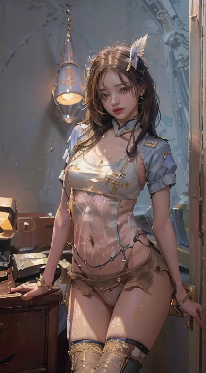 highest quality, masterpiece, (original photo, professional photography, photorealistic, realistic:1.3), Highly detailed CG 16K unified wallpaper, (best aesthetics, Natural light:1.1), ultra high resolution, (correct anatomy:1.5), ((Highly detailed skin texture:1.1)), ((View from the front:1.3)), throw, 1 girl, japanese woman, alone, looking at the viewer, cowboy shot, (medical staff:1.4), (nurse:1.3), (24-years-old:1.1), (look younger than one&#39;s actual age:1.3), brown hair, (single hair bun hair:1.5), pretty fine skin, black eyes, ((thin目:1.4)), detailed nose, beautiful lips, (embarrassing:1.3), ((white scrub, short sleeve:1.5)), ((a bit, thin:1.4)), ((beautiful breasts:1.2)), (((turn your arms behind your back, restrained, shibari, rope bondage:1.5))), (((sitting on the floor:1.4))), (((indoor, midnight, dark room, empty operating room:1.2)))、big breasts、Pink nipples are exposed、exposing the crotch、perfect proportions、perfect beauty、The cutest in the world、Two-dimensional beautiful girl、sexy look