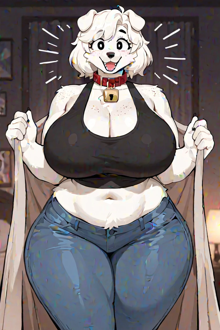 By bebebebebe, solo, female, standing, big breasts, mature female, milf, mom, beauty mark, tall curly hair, canine, (snout, afro), grey hair, dark red lips, lip gloss, tall, slightly chubby, smiling, glasses, wrinkly, polo shirt,