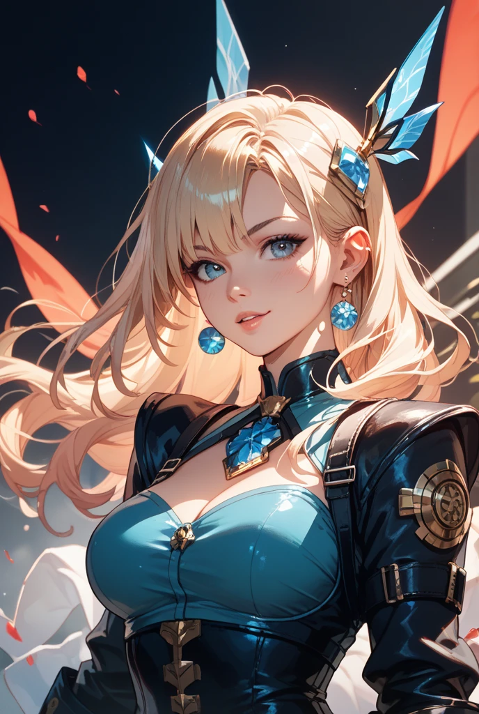 Young girl, long blonde hair, cyan eyes, ninja shape, open chest, dragon, smirk, masterpiece, high quality