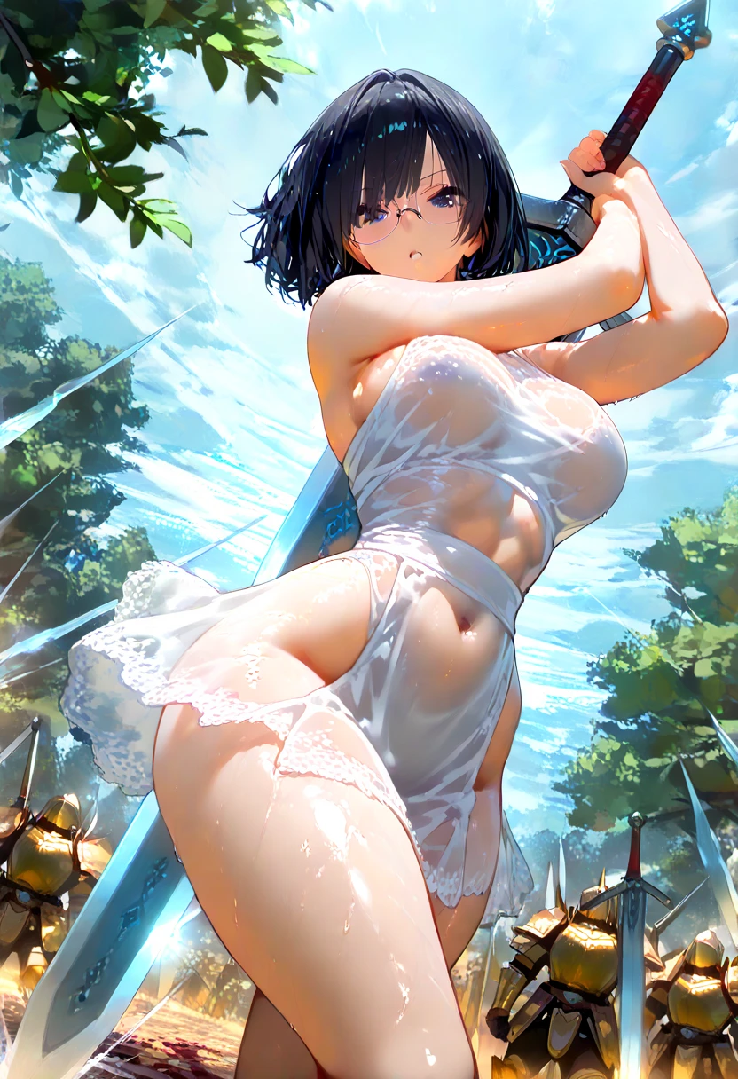 (masterpiece, highest quality, ultra high res, ultra detailed:1.3), 1 cute girl, ideal ratio body proportions, blue medium hair, high ponytail, , clothes covered nipples, blue pleated mini skirt, (white panties, high kicking the viewer:1.4), angry look, cameltoe, dynamic angle,