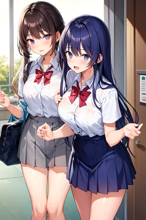 high school student、Women、School classroom、(Big Breasts)、smirk、curvy、(((((1 girl)))))、(from below)、With a cheek cane、