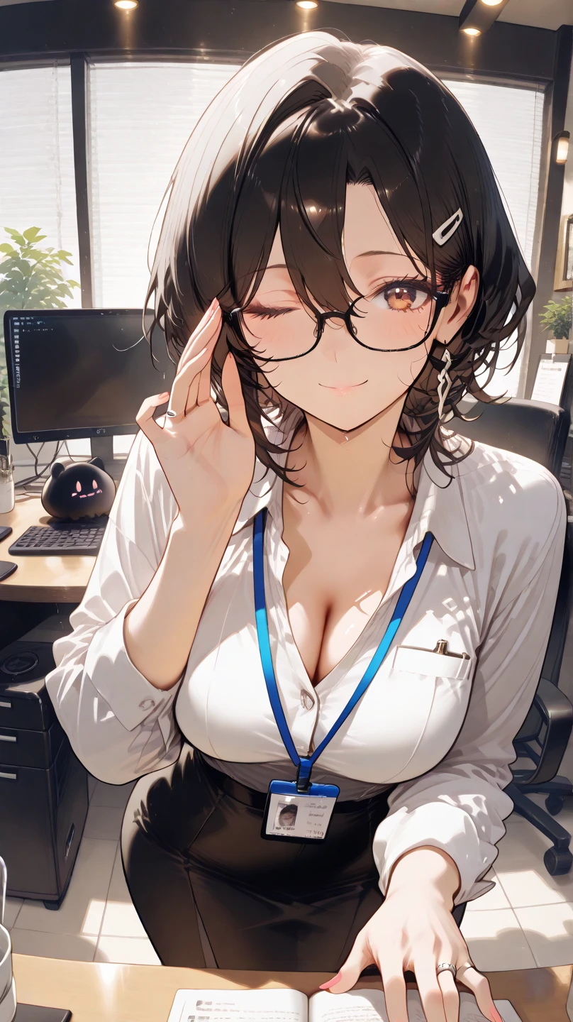 modern, Verism, masterpiece, textured skin, super detail, best quality, 4K, Woman wearing glasses,((Slender)), (office worker),Dark brown medium hair,White shirt,Narrow skirt,Within the company