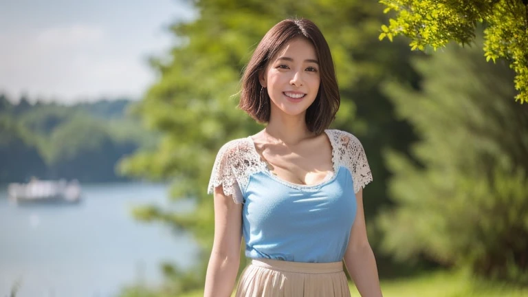 ((最high quality, 8K, masterpiece: 1.3)), (close:0.75), Realistic, Sharp focus, high quality, High resolution, Japanese middle-aged mature woman,Huge Busty Woman、29-year-old middle-aged woman、Chubby body type、Mature woman with huge breasts (Wearing a sky blue dress with a large opening at the chest)、 ((Very strong sunlight)), smile,Brown hair Sonyoung,かわいいsmile、Sitting in the shade of the forest、Cowboy Shot、In an image that emphasizes the chest area