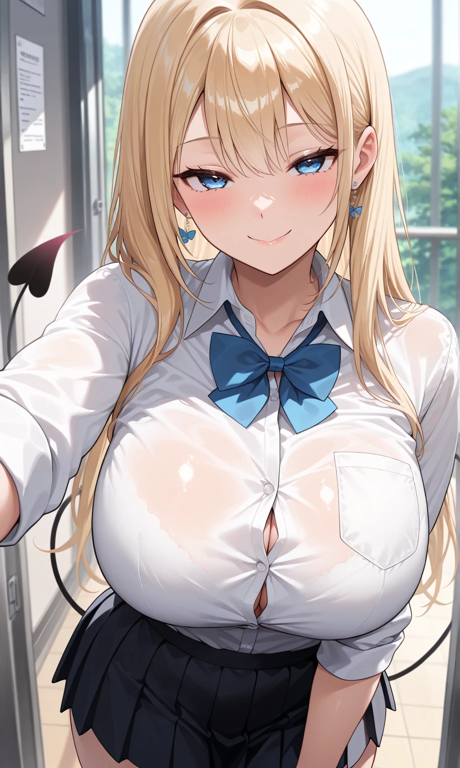 (masterpiece, Official Art), One Girl, sakura.hibiki,Blonde、Double teeth、 blue eyes, hair ornaments, Hair Clip,  (school uniform), (shirt), (tie), (skirt), (shirtをめくって胸を見せる), (Upper Body), (Huge breasts), Very good、sunlight,classroom、 Show Viewer, Grin, attractive, blush, attractive服,  