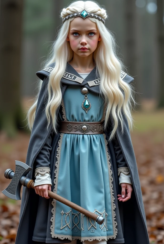 A beautiful photo of tween wearing a Norse style charcoal grey woolen gown with elegant pale azure blue princess style apron, runes of family, love, healing and protection are embroidered along it, with knee high stockings, white doeskin boots, and a beautiful cloak with silver white collar, has golden white hair. The hairstyle is elegant loose waves with a Dutch braided crown with a silver diamond circlet with a triforce gem, holding a magical axe, white leather magic bag, warrior princess, shadow cat is a pale grey-white, the color of thick mountain morning mist, beautiful curvy girl, 12k, ancient Norse, octane render, perfect eyes, wide hips, large saggy chest 