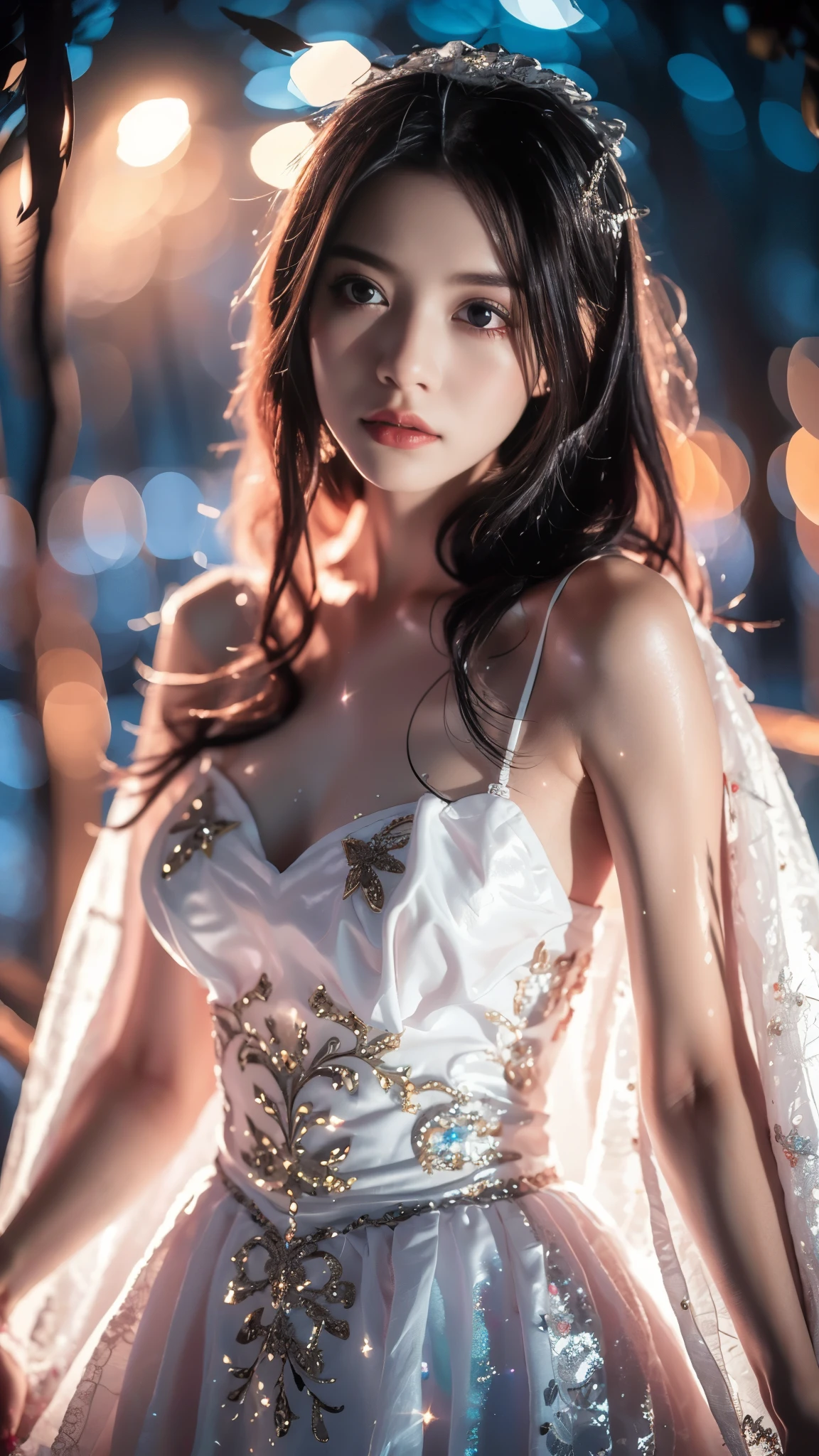 8K, UHD, Masterpiece, 1 girl, ((slim body)), ((small )), good face, detailed eyes, detailed lips, very long hair, beautiful hairstyle, ((glitter dress)), ((decorated petticoat)), ((shining dress)), ((white dress)), ((glitter black lace)), ((mesh cape)), ((glitter)), depth of field, ray tracing, night time, in the mantion, fire, realistic shadow, cinematic pose,