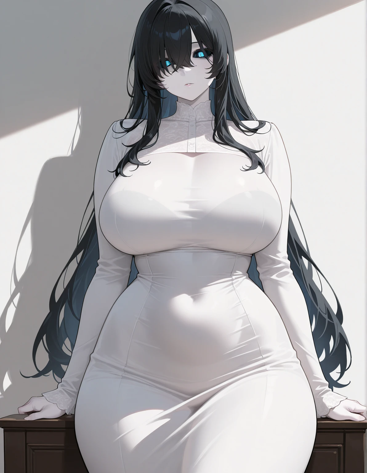 Girl, long black hair, white skin, long white dress, big breasts, hair covering eyes, cold features,