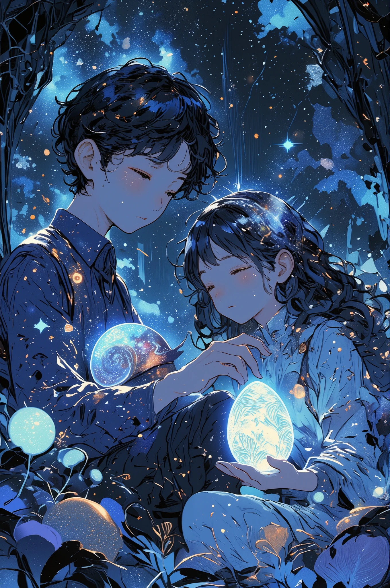 は渦巻く銀河のような殻を持つ光る宇宙カタツムリを優しく抱いています,
少女は羽根のような模様が刻まれた、柔らかく光る魔法の卵を持っています