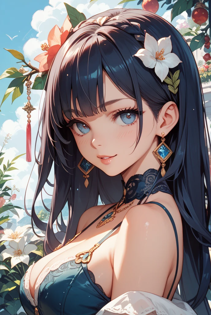 (masutepiece, Best Quality, High resolution:1.5, anime colours, megami magazine:1.2, anime poster style, anime keyvisual, sharp, 8k, photorealistic), (beautiful detailed eyes:1.5, beautiful detailed face:1.2), madoka ayukawa, 1girl, blush, (black hair, Long Hair), (sagging large breasts), (nude, nipples), upper body, (Perfect detailed Anatomy, beautiful detailed hair, beautiful detailed body:1.2, shiny skin), (thick outline, Beautiful outlines, black outlines), simple background
