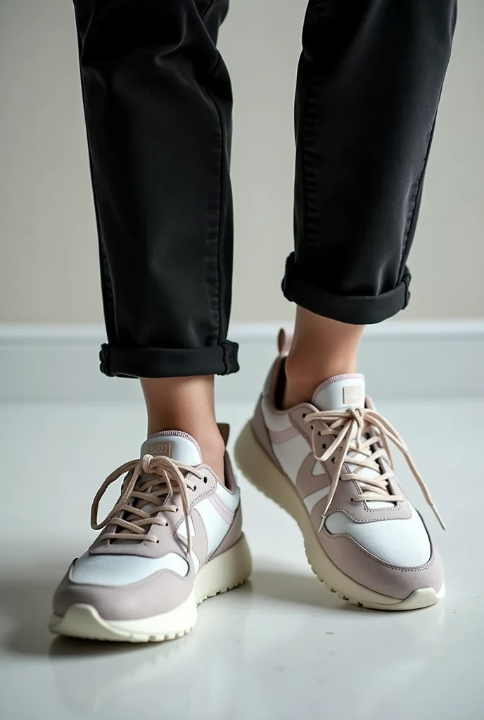 arafed woman sitting on the floor with her feet crossed, wearing white sneakers, reebok vegan shoes, athletic fashion photography, white shoes, aleksandra waliszewska, model posing, focus on sneakers only, by Emma Andijewska, woman in streetwear, editorial model, photoshoot, fashion editorial photography, casual