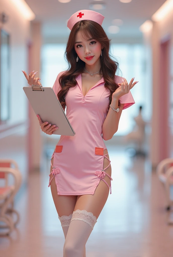 Super Detailed image of gorgeous asian nurse, wearing tight short nurse gown, medical gown, sitting on table, in hospital, seductive smile, perfect make-up, wavy hair, octane render, striking, expressive look, alluring look, determined look, strong eyeliner, mesmerizing eyes, elegant, graceful, natural beauty, magnetic, charismatic, versatile, photogenic, backlit