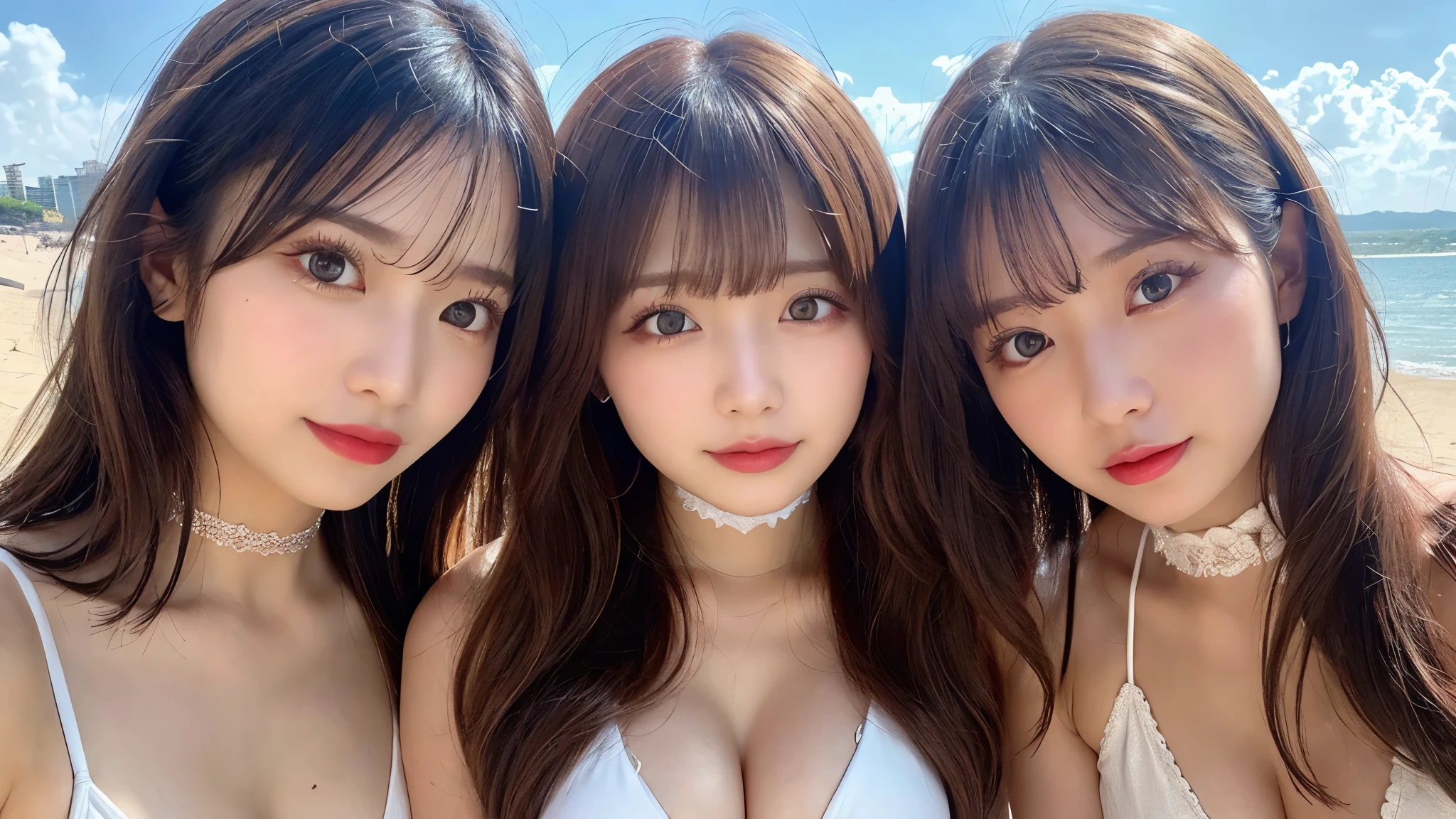 (4girls:1.2)、masterpiece, best quality, hyper detailed、(breast squeeze:1.2)、High resolution、Blonde Hair、Light Hair Color、Tanned hair、sexy、Beautiful eyelashes、20-year-old、 Wide viewing angles、Highest quality、Very detailed、Finer details、8k wallpaper、Beautiful eyes in every detail、Natural lip color、long hair、wave hair、Cute face、Accentuate your breasts、Ocean、summer、Sandy Beach、micro bikini、white bikini