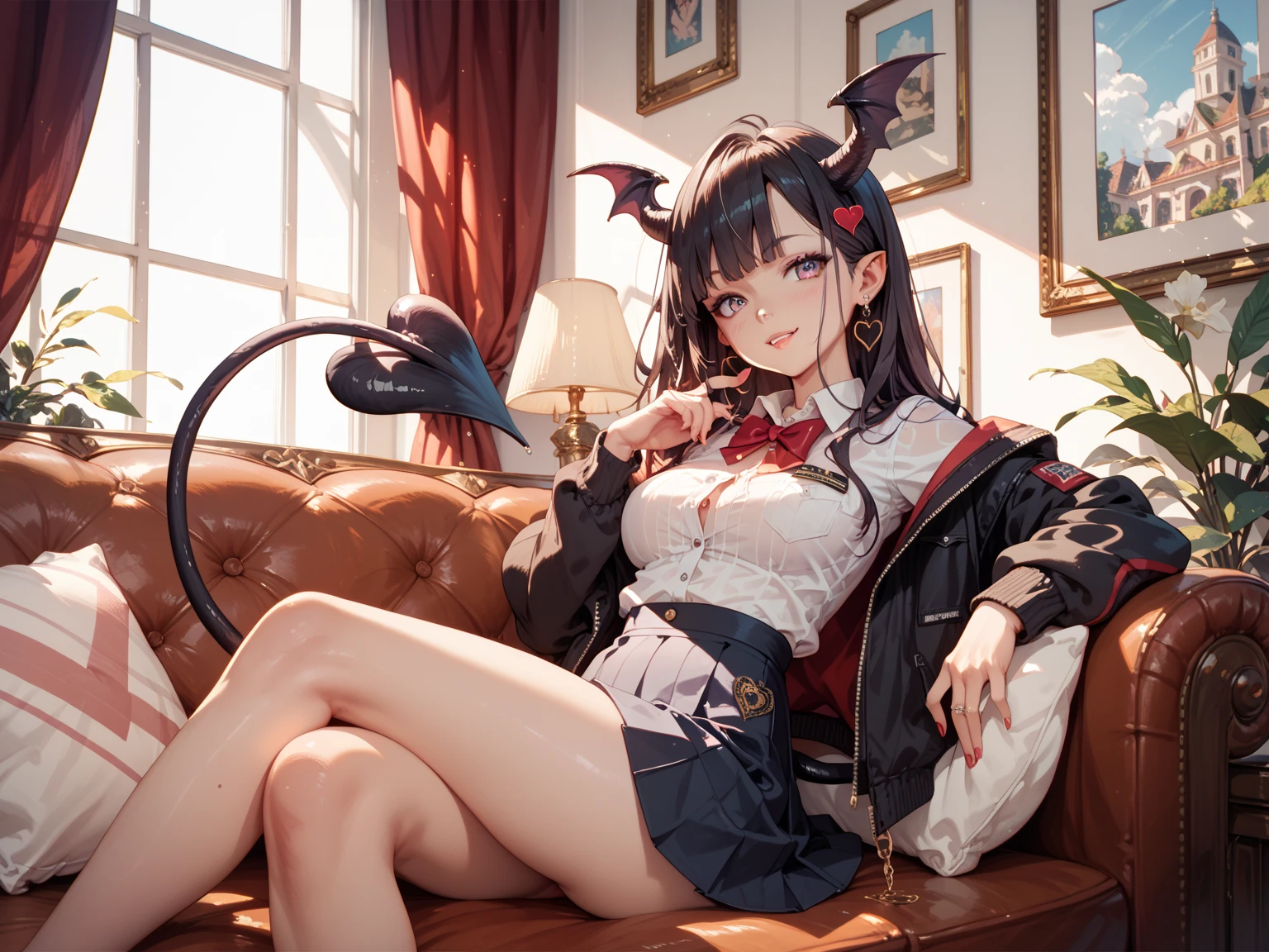 1 girl, solo, tired, books, night, stars, horns, (sharp teeth:1), panties, spread legs, smile, (transparent panties:1.3), see through, (transparent:1.3)