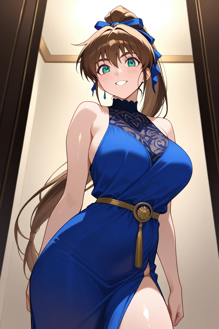 masterpiece, top-quality, hight resolution, rating:safe, earrings, jewelry, 1girl, cover, dress, long hair, nitta minami, brown eyes, smile, solo, cover page, brown hair, Parthenon temple, beautiful breasts, choker, blue dress, cleavage, looking at viewer, breasts,(NSFW),
