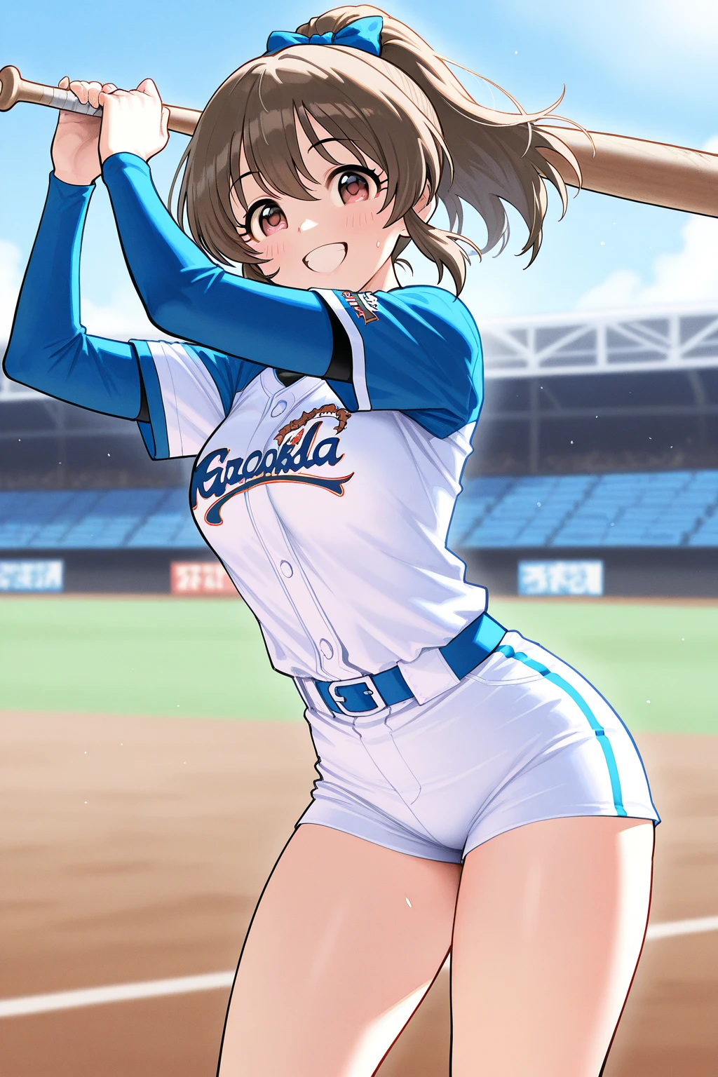((NSFW))、(masterpiece, Highest quality, Highest quality, Official Art, beautifully)、Blonde、short hair、Blue Eyes、beautiful girl、Big Breasts、(Full body photo、To the tips of the feet)、(((Sweat、Soaking wet、Body odor)))、(((Detailed vagina、Love juice overflows from the vagina)))、smile、Very detailed、((((Smell fetish))))、White Baseball Uniform、Baseball Girl、Baseball club、baseball Ground、dodgers uniform、(((Masturbation)))、((Angle from below))、((Large crowd))