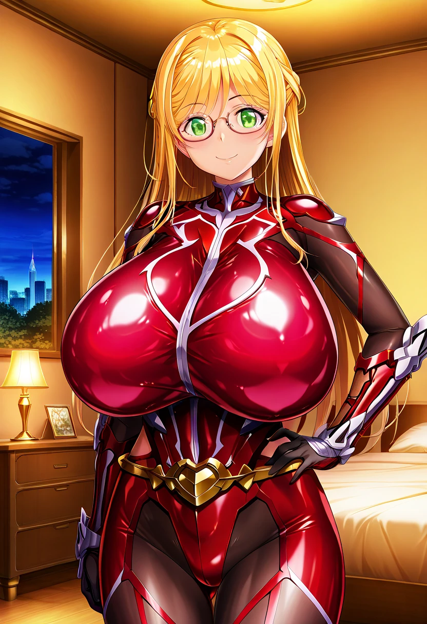masterpiece, best quality, extremely detailed, anime, 1girl, mature female, solo, eevin, (huge breasts:1.3), (((pink_hair, long_hair, green_eyes, pointy_ears))), parted lips, (((fortified_suit, pink plugsuit))), light smile, (closed mouth), ((sitting on the table, indoor))