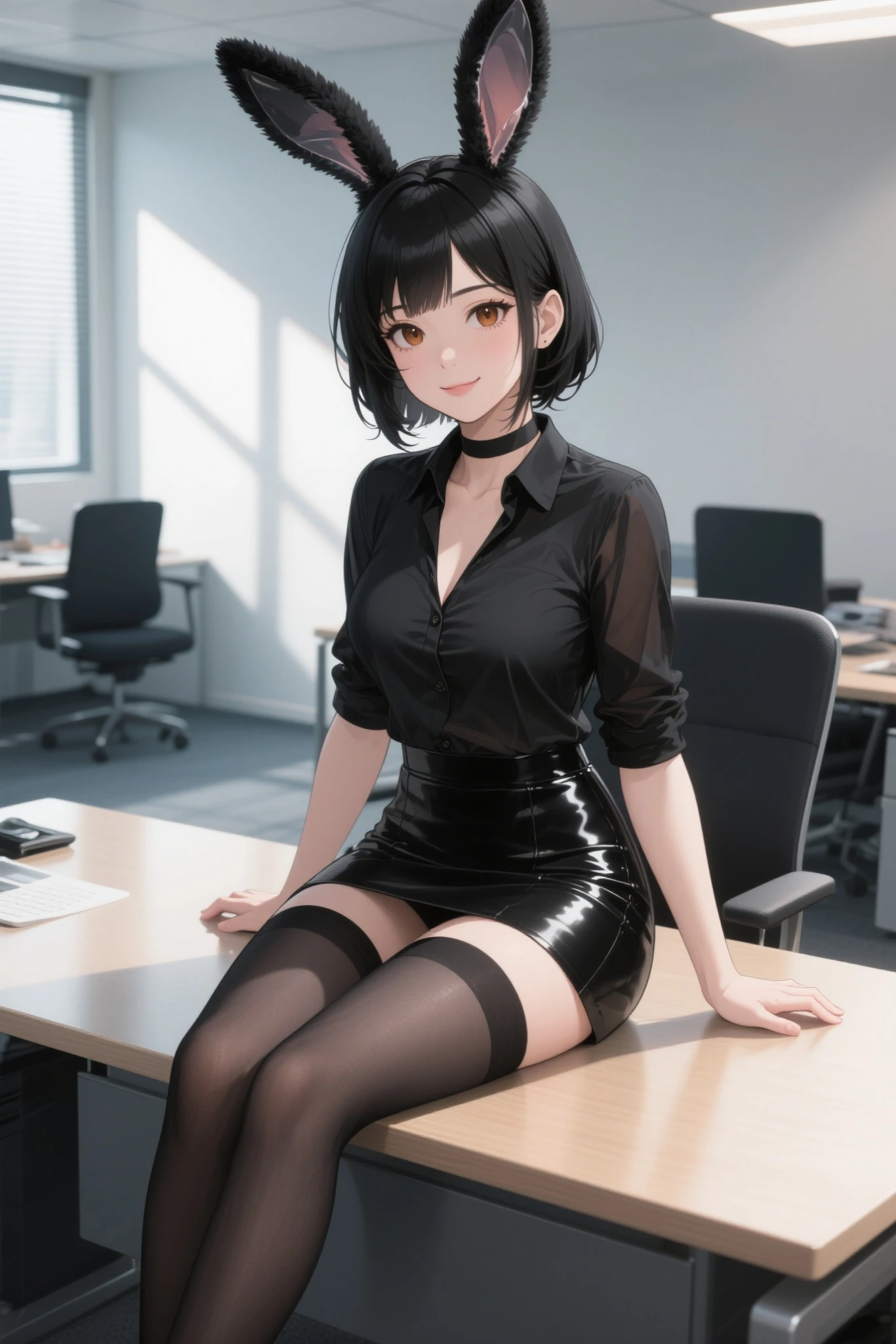 (((((full body))))), slim body, miku suride, purin, masterpiece, best quality, anime, anatomically accurate, detailed face, pretty face, extremely detailed face, ((((1girl)))), short hair, long legs, slender body, skinny body, (((medium breasts))), bob cut hair, black hair, (((sitting))), fair skin, big and expressive eyes, (wearing office lady suit), white shirt, pencil skirt, (((slim legs))), red eyes, mesmerizing hair, medium hips, thin waist, (Perfect hands and fingers very well detailed), full body photo, in the office corridor, 20 years old, reflection in the eye, dark eyes, anime, Anime Style, cinematic lighting, ray tracing, panorama, Sony FE, high definition, artwork, Anatomically Correct, Textuvermelho Skin, super detail, high quality, high resolution, high definition