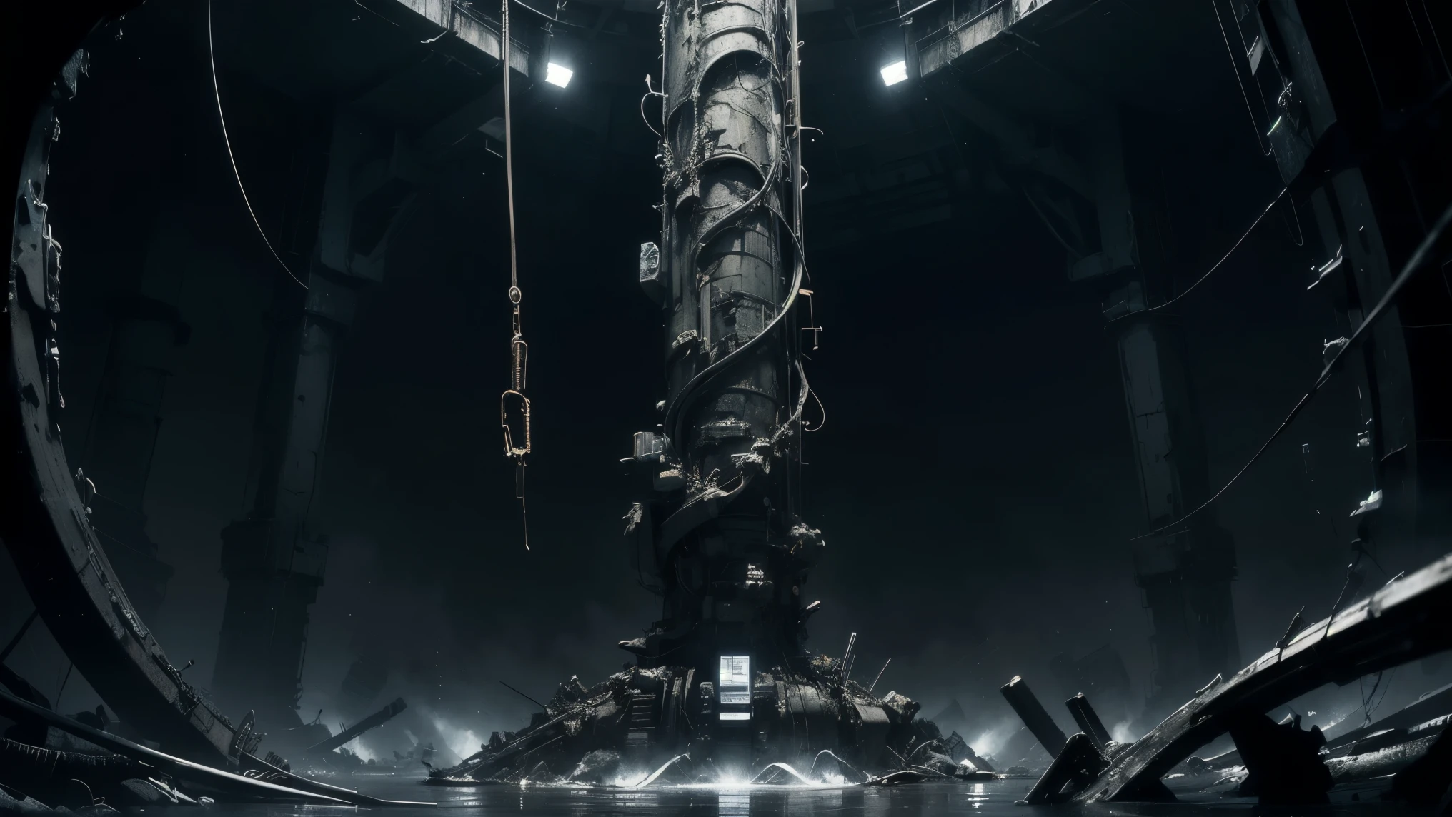 50mm lens,blame, tsutomu nihei, by tsutomu nihei,movie,Close up view of a dark underground biomechanical core scene，The center of the picture is a column wrapped around a vine cable，Structural corrosion and aging，Some cables emit a faint golden glow，Surrounded by distorted pipelines and metal ground，A design style full of biological and technological senses，Scary sci-fi atmosphere， dim light ，Feeling strong feeling，rich in detail，ultra-detailed illustration, monochrome palette with red highlights, cinematic lighting, high contrast shadows, ink-style rendering

