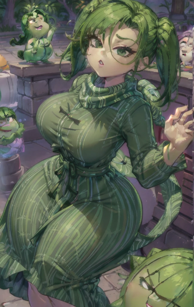 masterpiece, best quality, ultra-detailed, Potrait of beautiful , (chubby) (sexly), (plump), (curvy), (sexly), ((tomboy)), (アニメ), (Saggy breasts), (Plump), (boyish), (muscular), (naughty), (young), (overweight), (Green Hair), (pudge face), (cute), (sexly), (Green Hair), (Nude), (Big Areola), ((thick)), (sexly), (Nelliel), (yellow eyes), (Torn Clothes),